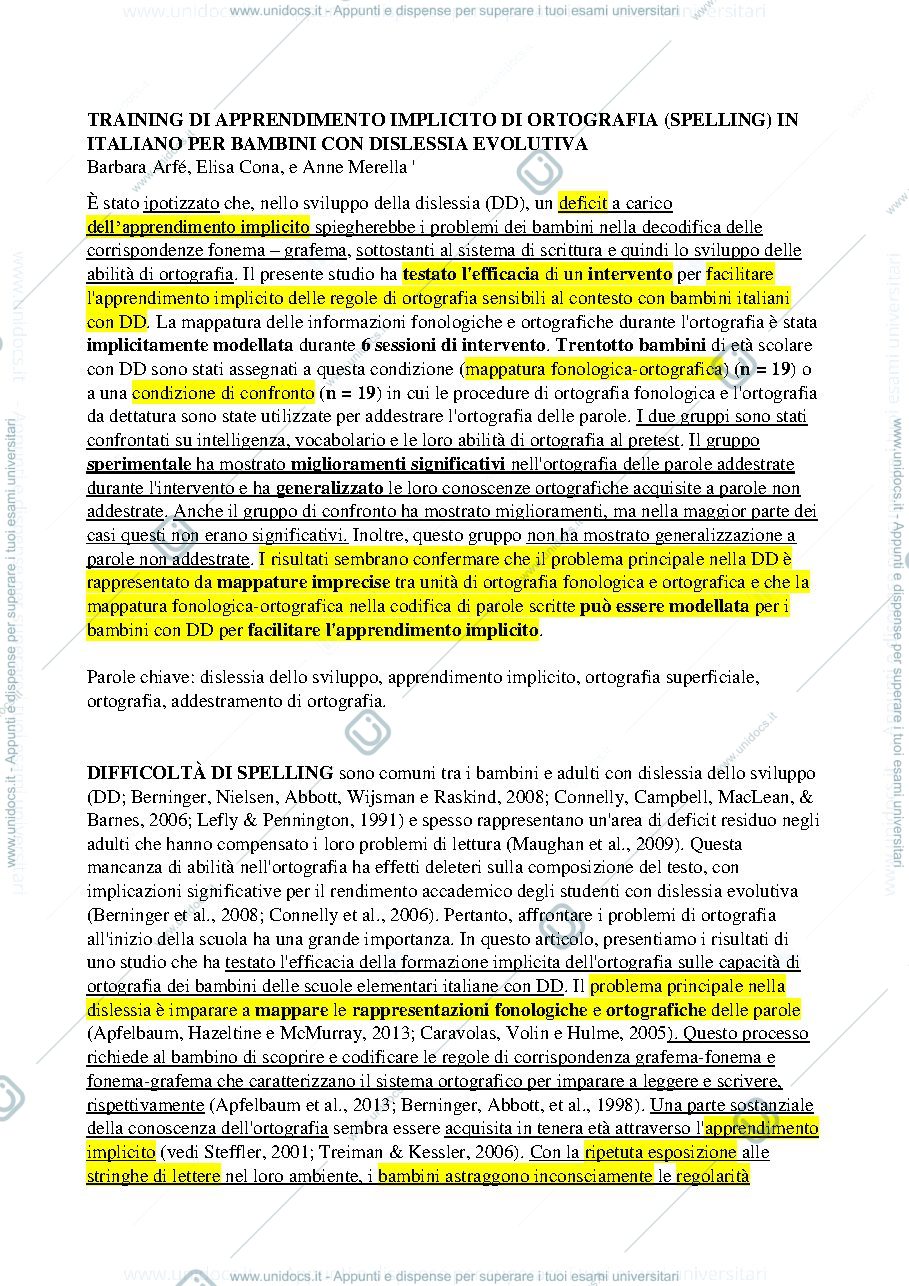 Anteprima pagina 1 — Training di apprendimento implicito di spelling in italiano per bambini con dislessia evolutiva