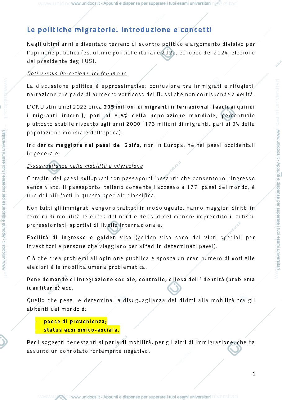Anteprima pagina 1 — Le politiche migratorie 2024 (riassunti)