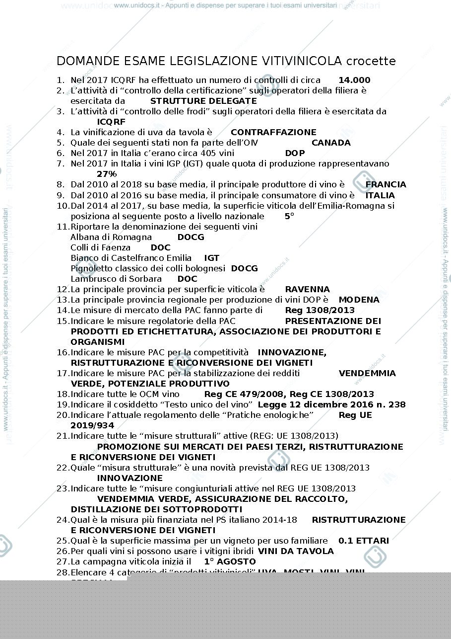 Anteprima pagina 1 — Domande esame a crocette Legislazione vitivinicola