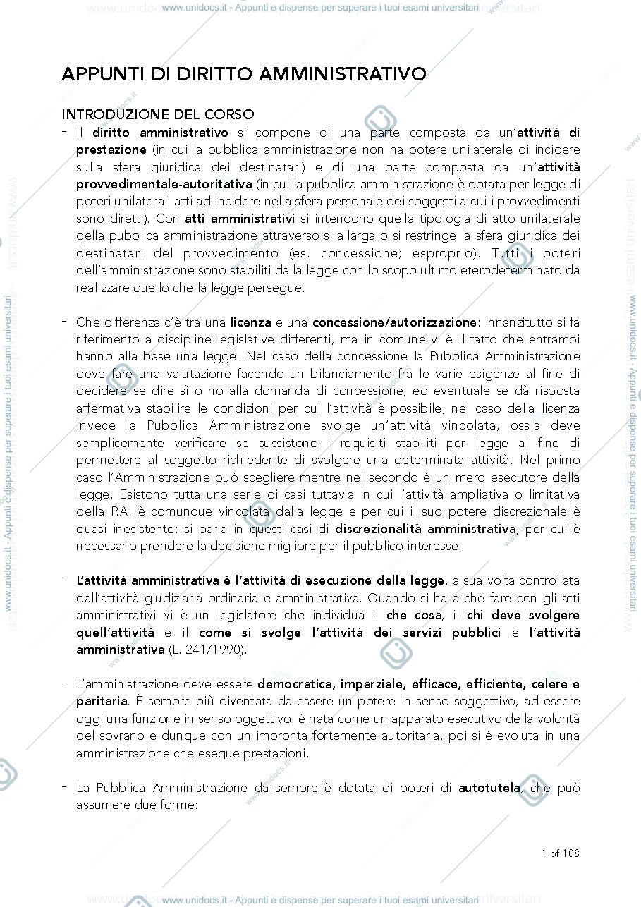 Anteprima pagina 1 — Dispensa Appunti Diritto Amministrativo I