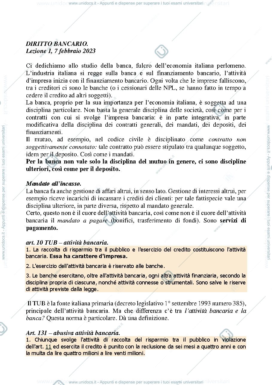 Anteprima pagina 1 — DIRITTO BANCARIO