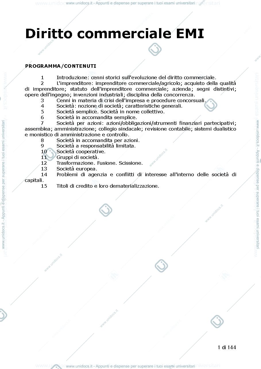 Anteprima pagina 1 — Riassunti Diritto Commerciale