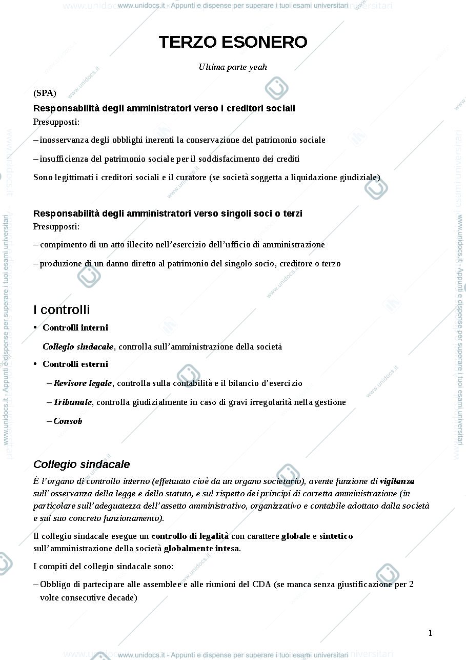 Anteprima pagina 1 — Appunti terzo esonero Diritto commerciale
