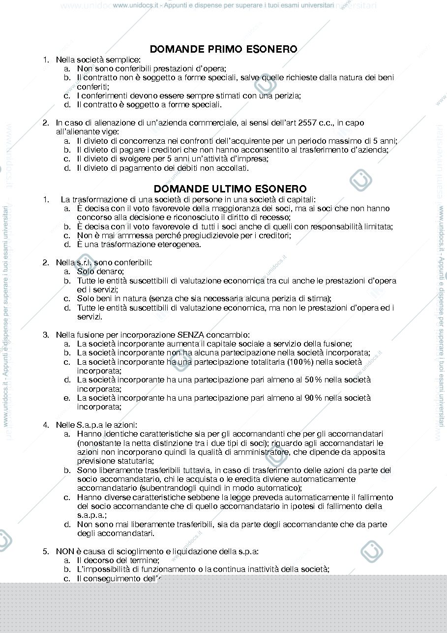 Anteprima pagina 1 — Domande esoneri diritto commerciale