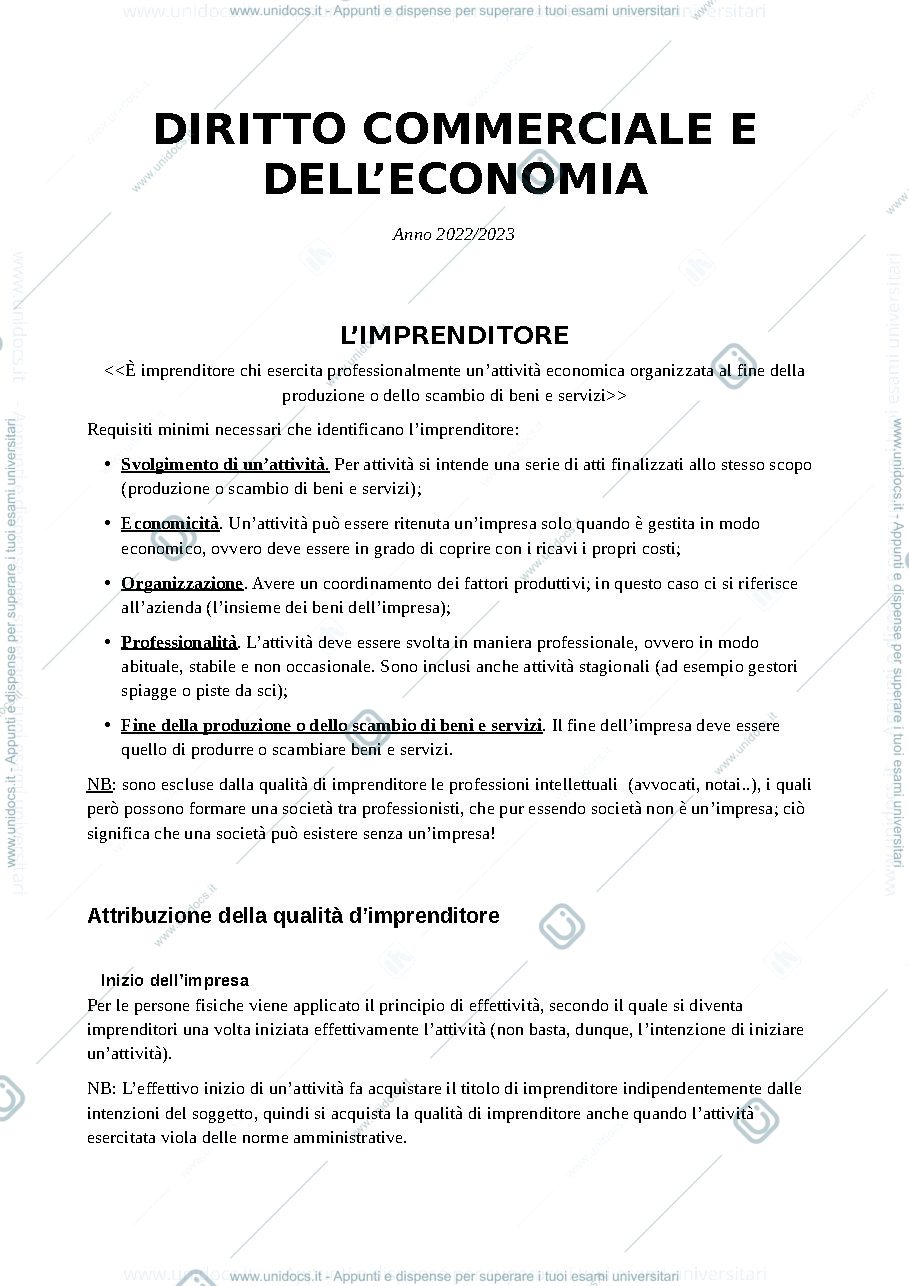 Anteprima pagina 1 — Appunti primo esonero Diritto commerciale