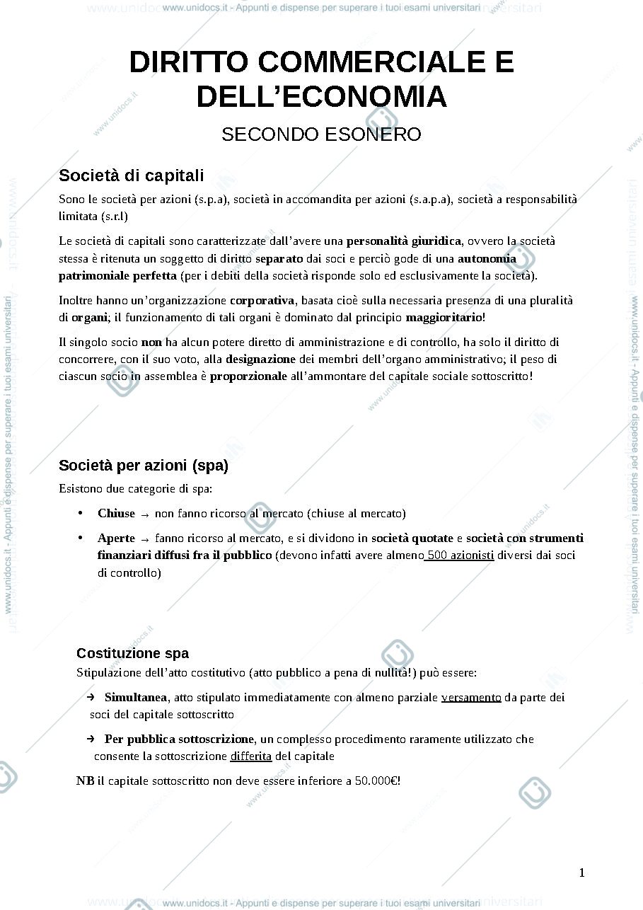 Anteprima pagina 1 — Appunti secondo esonero Diritto commerciale