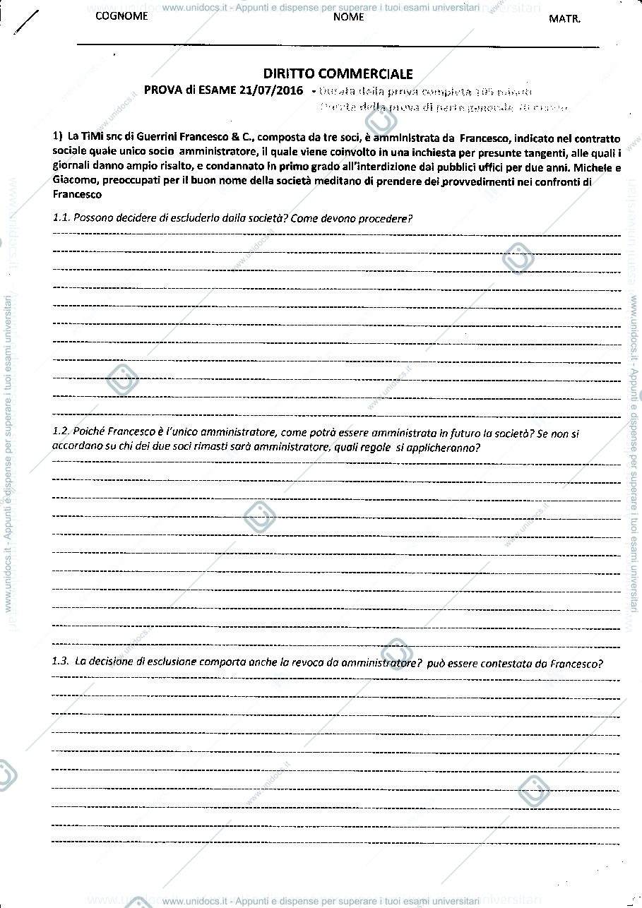 Anteprima pagina 1 — Esame diritto commerciale 21/07/2016