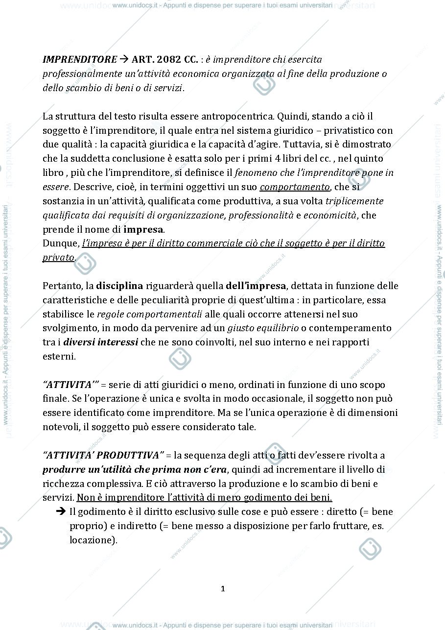 Anteprima pagina 1 — Appunti diritto commerciale con integrazione libro