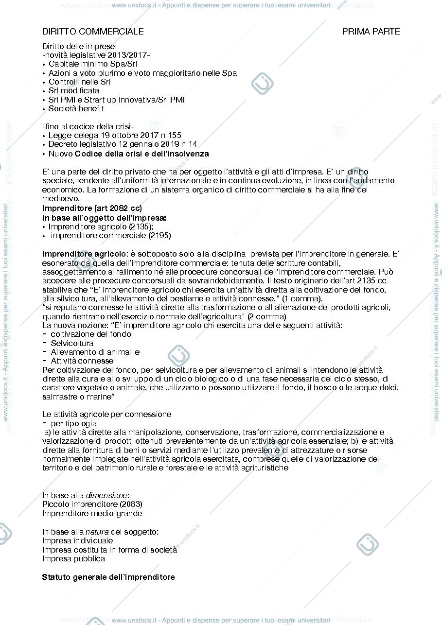 Anteprima pagina 1 — Brevi riassunti di Diritto commerciale (parte I)