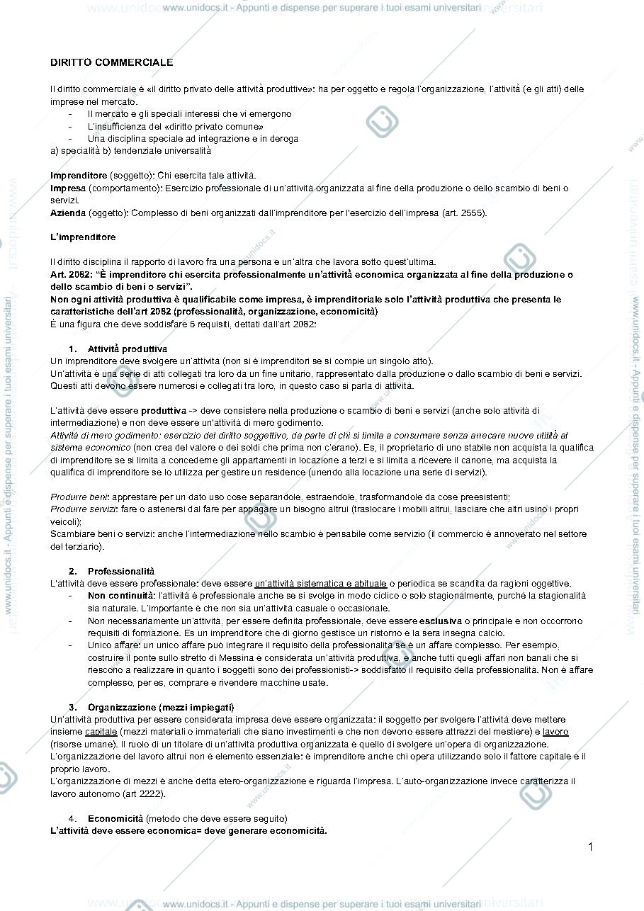 Anteprima pagina 1 — appunti diritto commerciale per l'economia