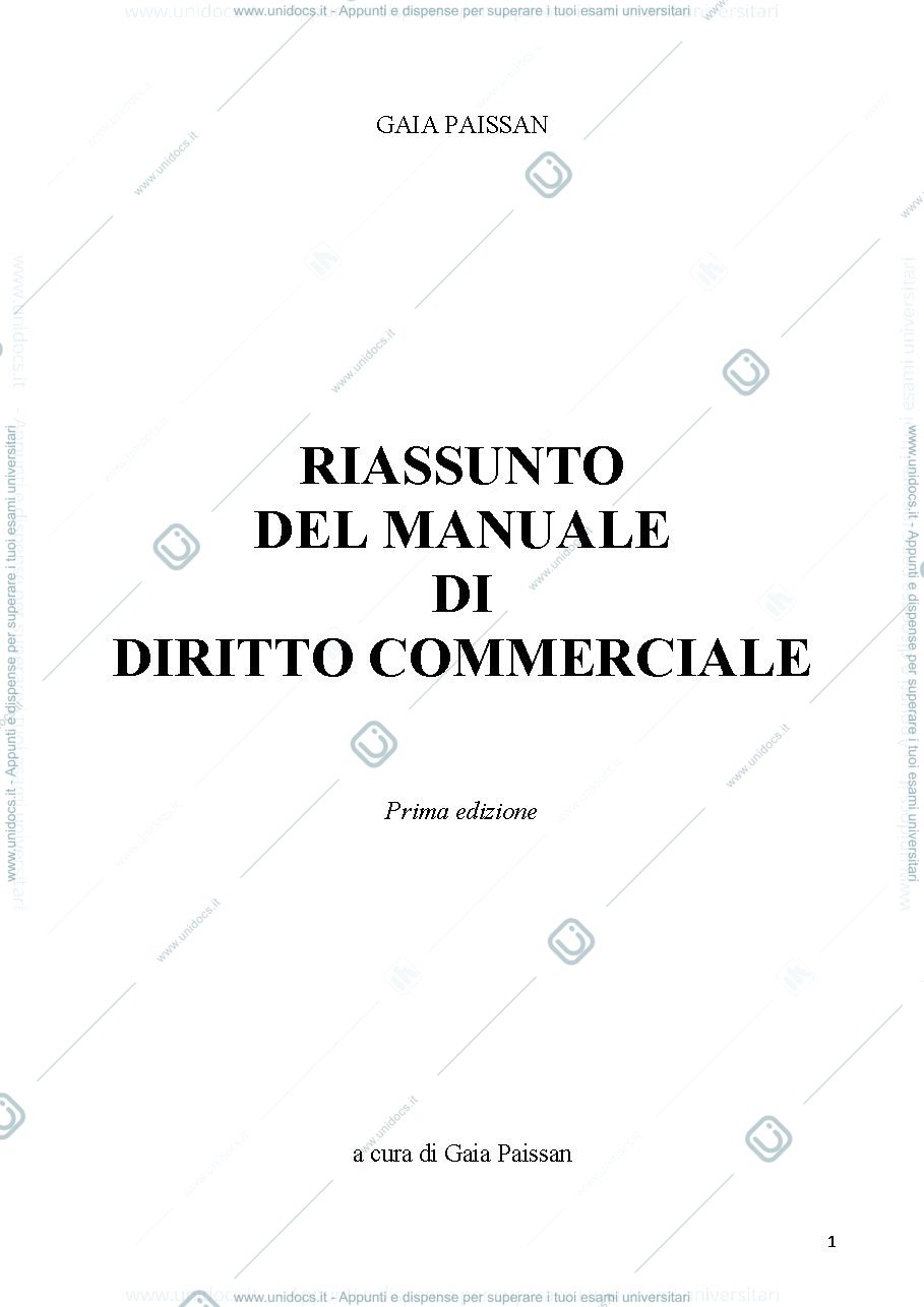 Anteprima pagina 1 — Riassunti Completissimi di Diritto Commerciale