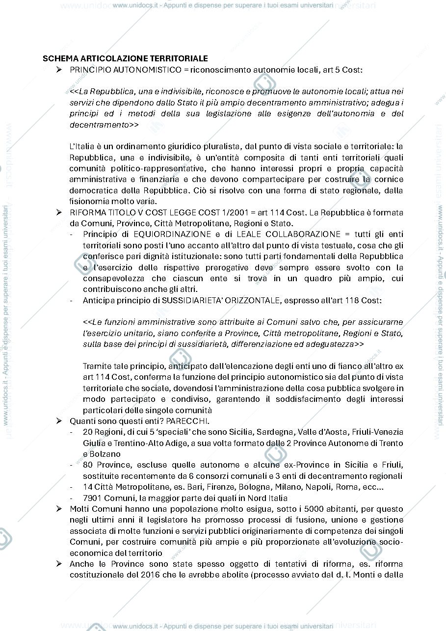 Anteprima pagina 1 — Riassunto Articolazione territoriale Italia: i rapporti Stato-Regioni