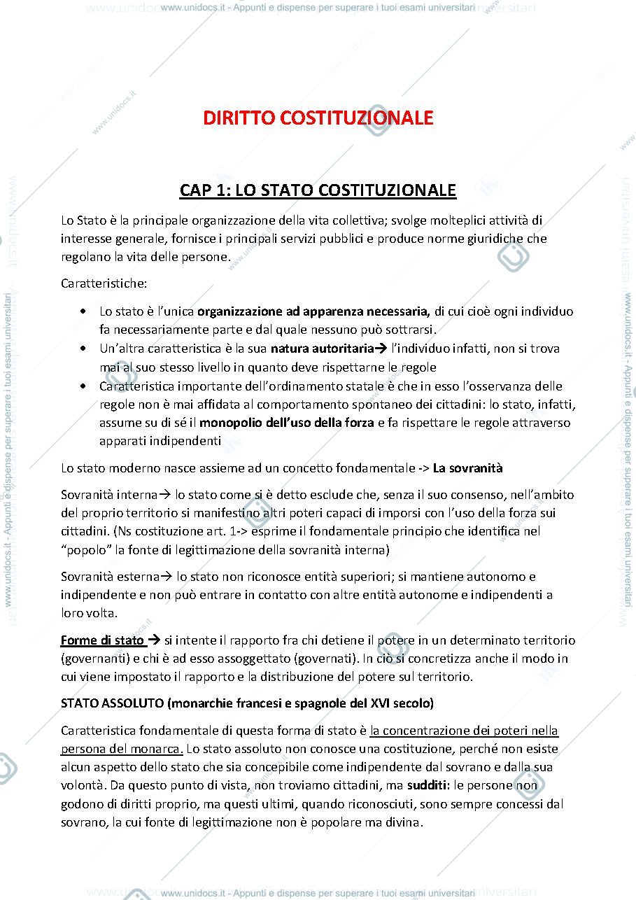 Anteprima pagina 1 — Diritto costituzione 