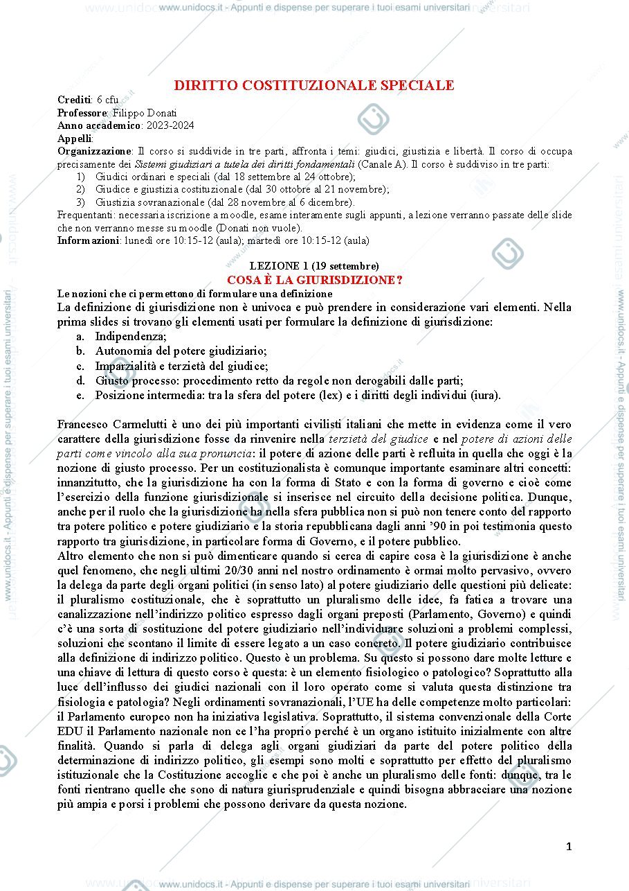 Anteprima pagina 1 — Diritto Costituzionale Speciale