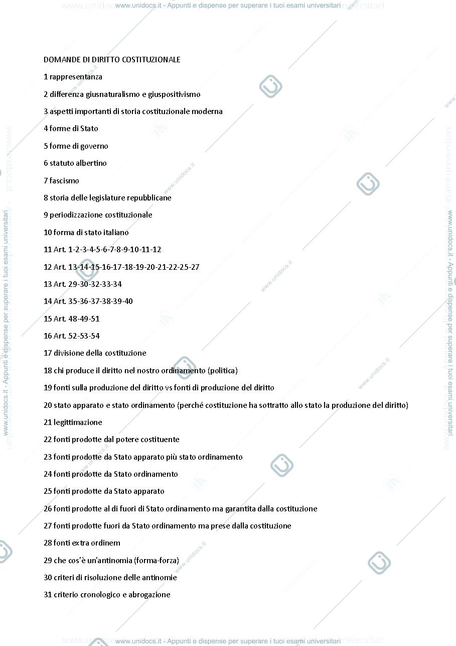 Anteprima pagina 1 — Domande diritto costituzionale 