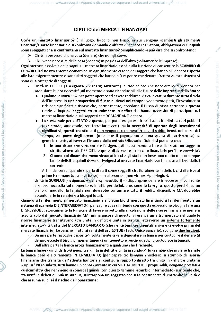 Anteprima pagina 1 — appunti del corso di diritto dei mercati finanziari