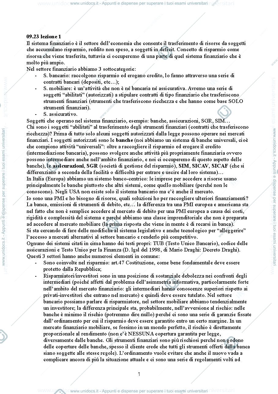 Anteprima pagina 1 — Appunti di Diritto dei mercati finanziari