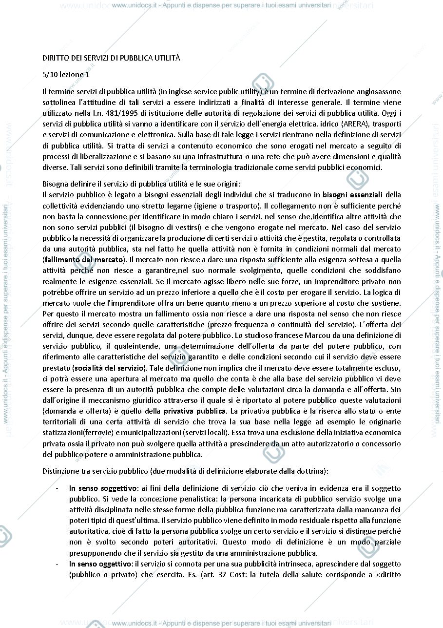 Anteprima pagina 1 — Appunti di Diritto dei servizi di Pubbliche Utilità 