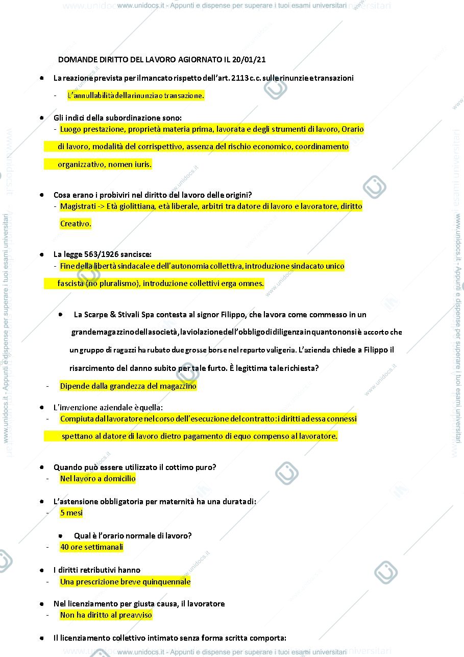Anteprima pagina 1 — diritto del lavoro domande esame