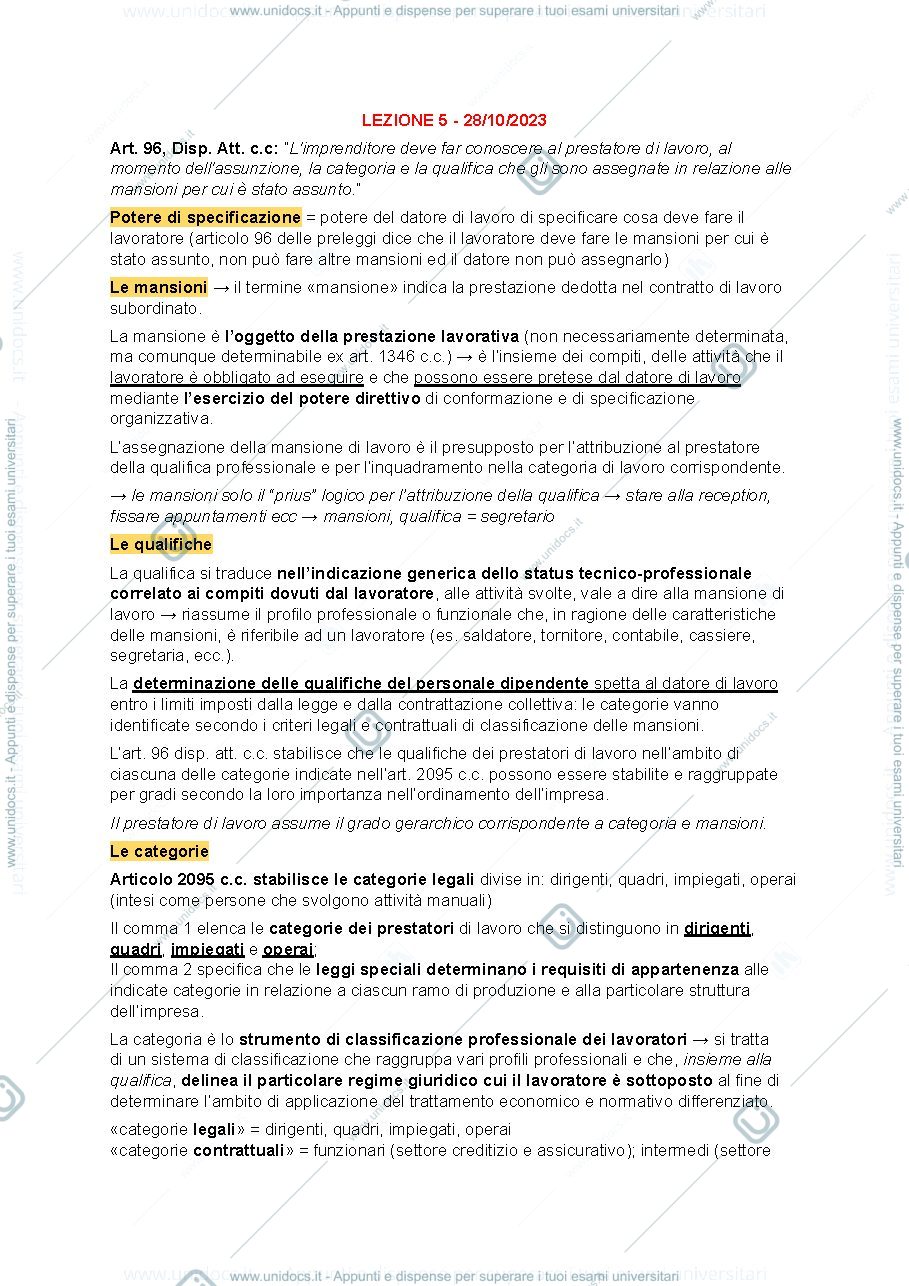 Anteprima pagina 1 — Dispensa Diritto del Lavoro