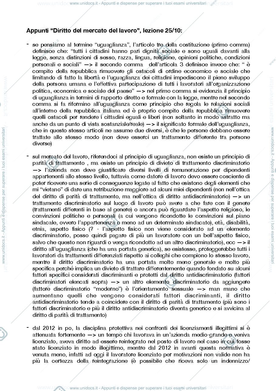 Anteprima pagina 1 — Appunti diritto del mercato del lavoro 