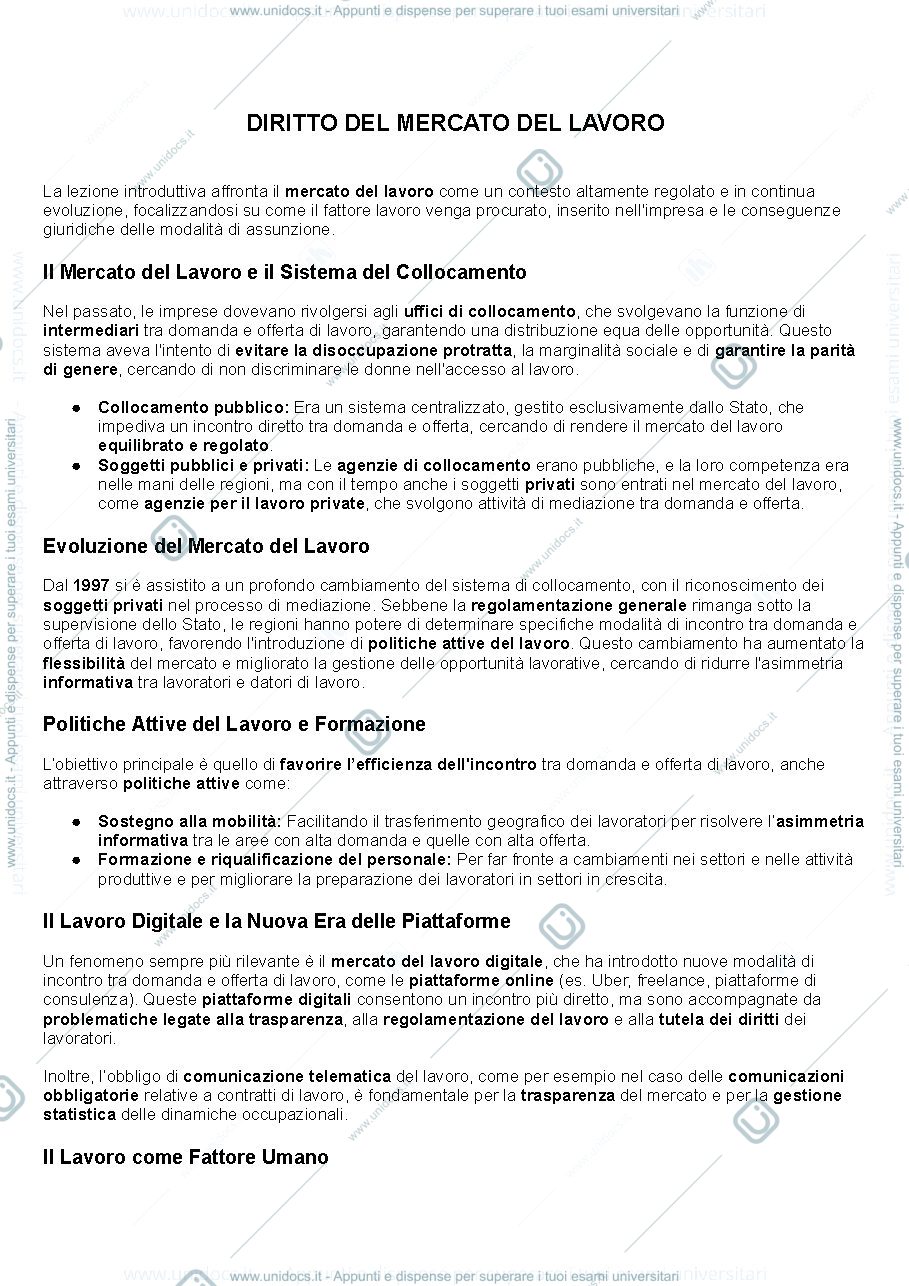 Anteprima pagina 1 — Dispensa Diritto del mercato del lavoro