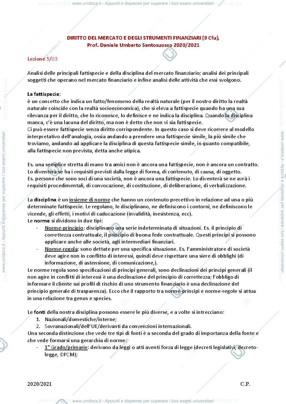 Anteprima pagina 1 — Diritto del mercato e degli strumenti finanziari, Prof. Daniele Umberto Santosuosso