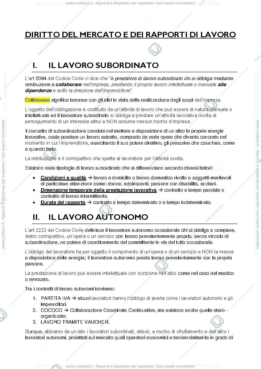 Anteprima pagina 1 — appunti esame diritto del mercato e dei rapporti di lavoro