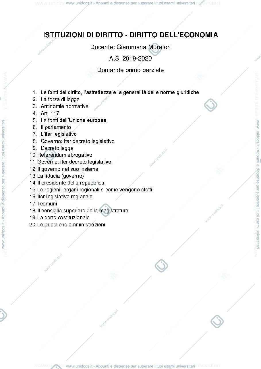 Anteprima pagina 1 — Diritto dell'economia - Domande esame prof. Muratori