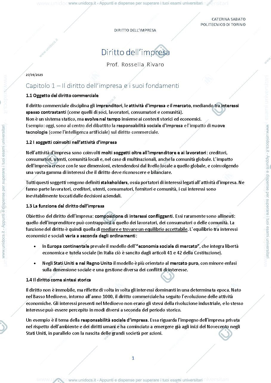 Anteprima pagina 1 — appunti diritto dell'impresa