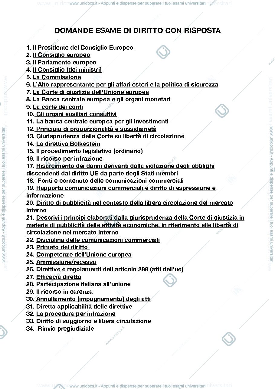 Anteprima pagina 1 — DOMANDE ESAME DIRITTO EUROPEO