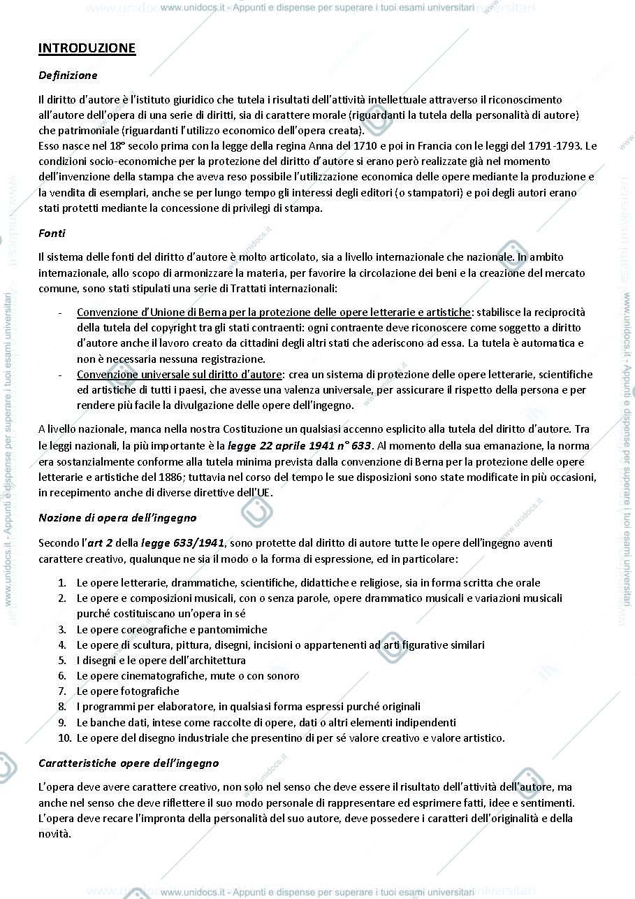 Anteprima pagina 1 — Riassunto su diritto d'autore