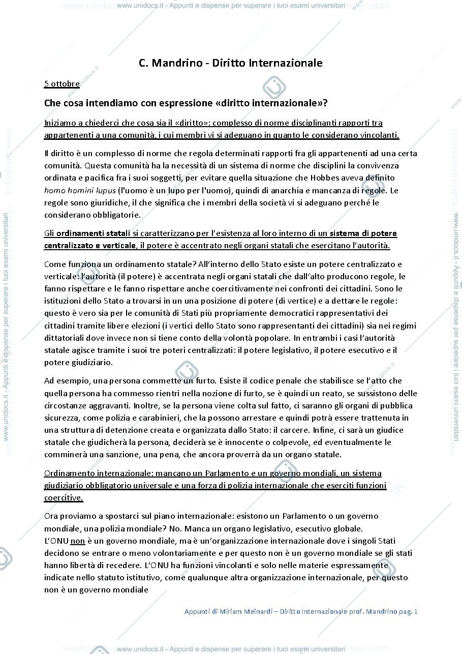 Anteprima pagina 1 — Appunti di Diritto Internazionale