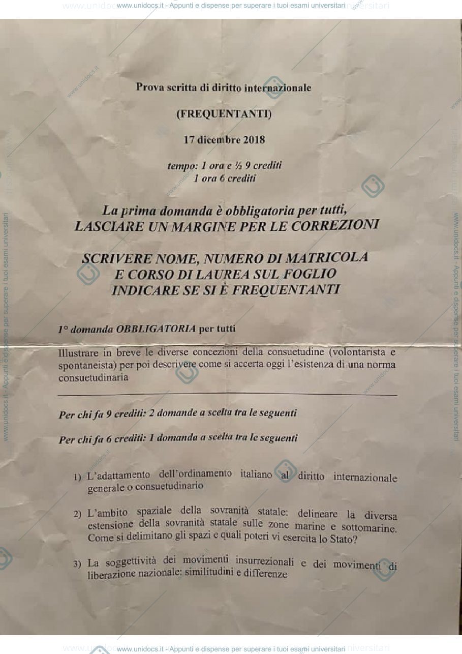 Anteprima pagina 1 — Esame Diritto Internazionale