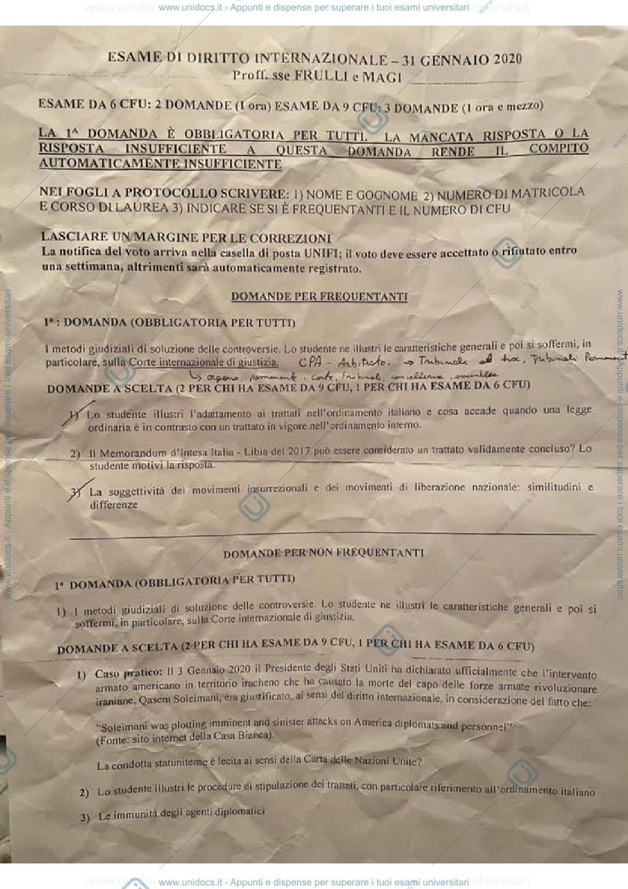 Anteprima pagina 1 — Esame Diritto Internazionale