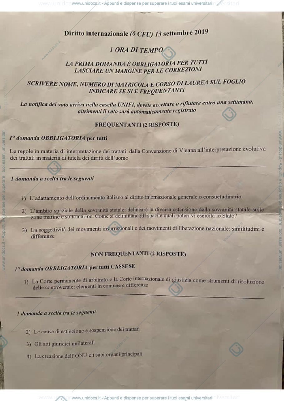 Anteprima pagina 1 — Esame Diritto Internazionale 