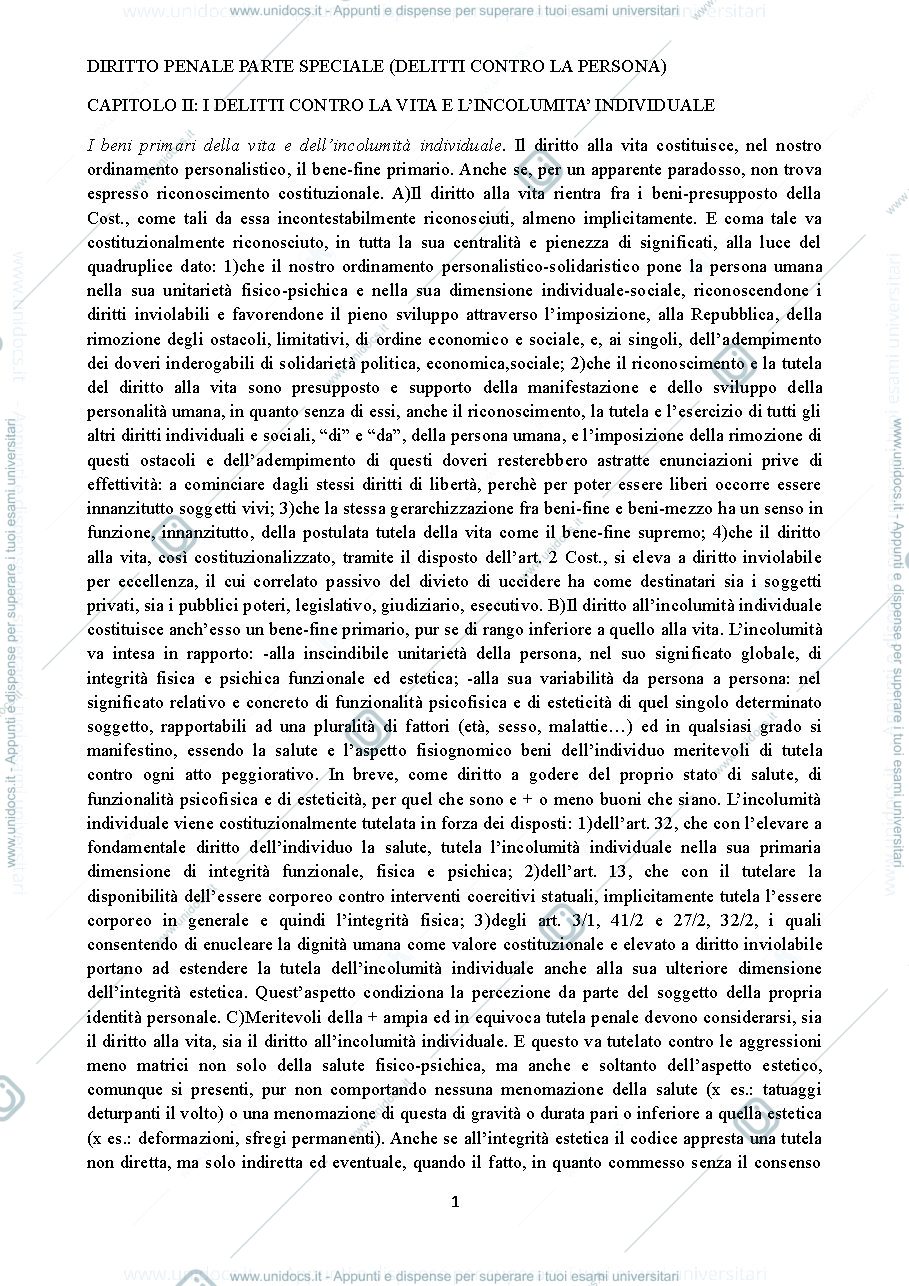 Anteprima pagina 1 — DIRITTO PENALE PARTE SPECIALE (DELITTI CONTRO LA PERSONA)