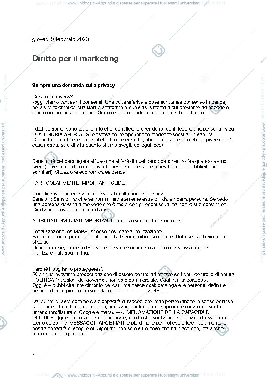Anteprima pagina 1 — Appunti diritto per il marketing