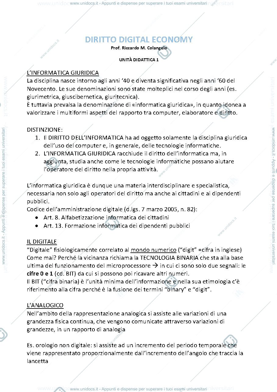 Anteprima pagina 1 — SETTIMANA 1 A 3 DIRITTO PER LA DIGITAL ECONOMY