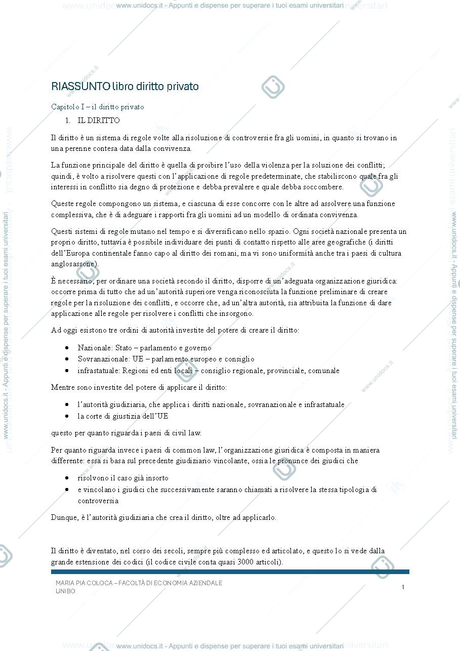 Anteprima pagina 1 — riassunto diritto privato capitoli 1 - 10