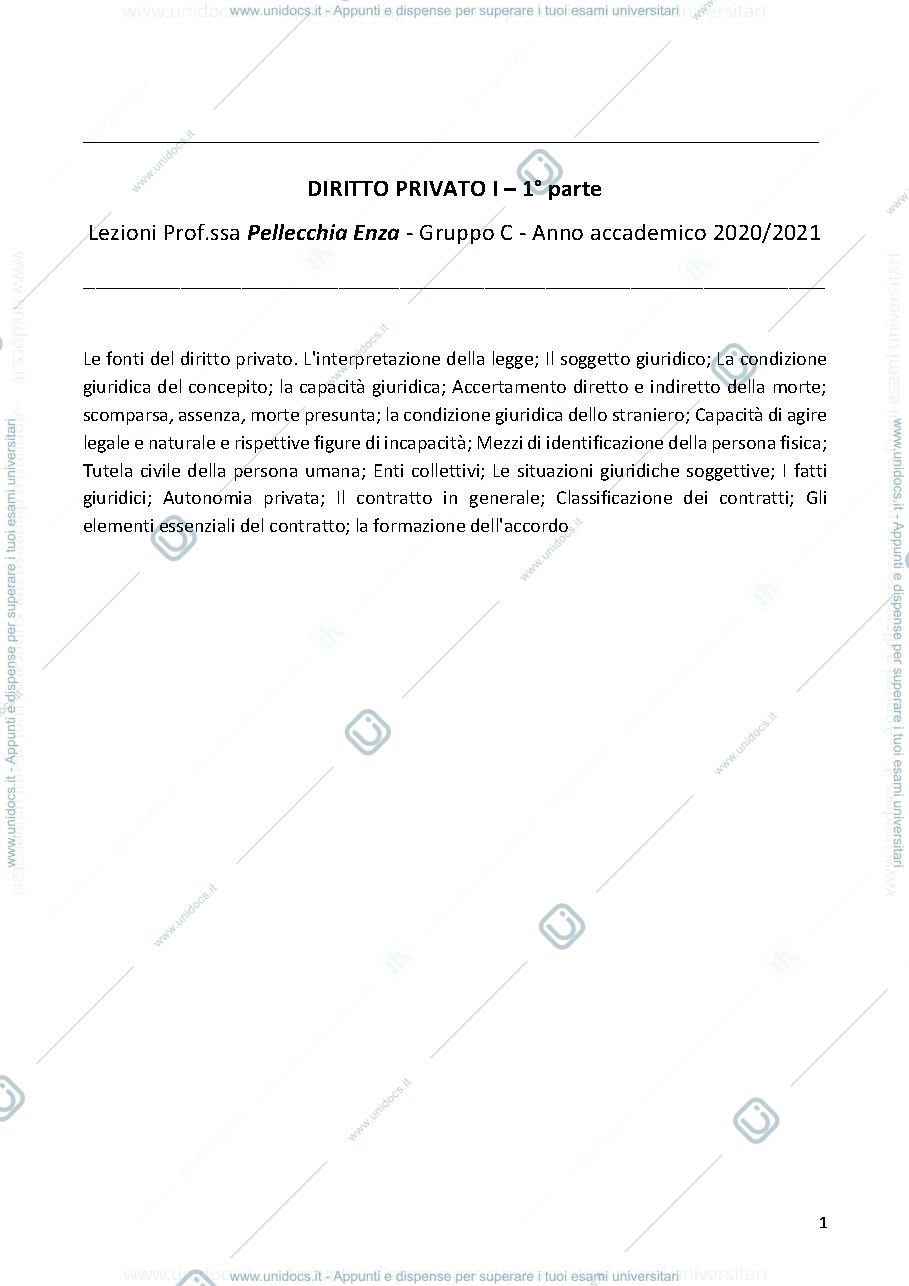 Anteprima pagina 1 — Diritto Privato I parte 1 - Prof. E. Pellecchia 