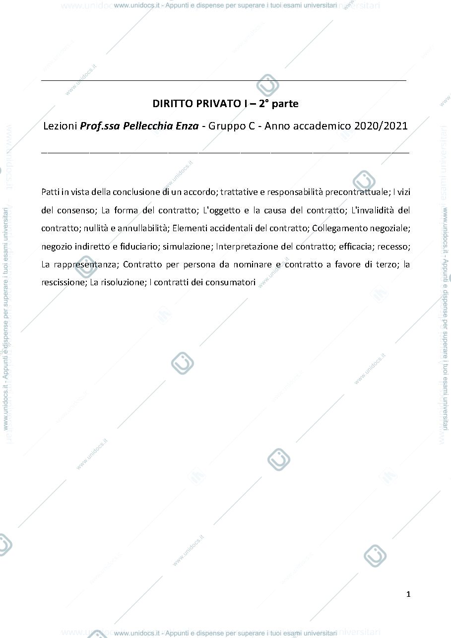 Anteprima pagina 1 — Diritto privato I parte 2° - Prof. E. Pellecchia 
