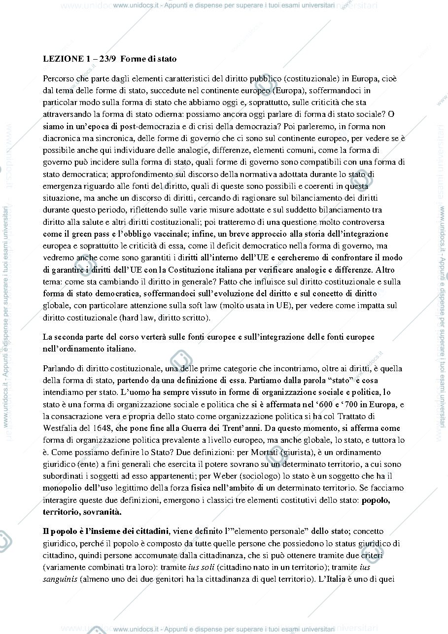 Anteprima pagina 1 — Appunti lezioni e registrazioni Diritto Pubblico in Europa