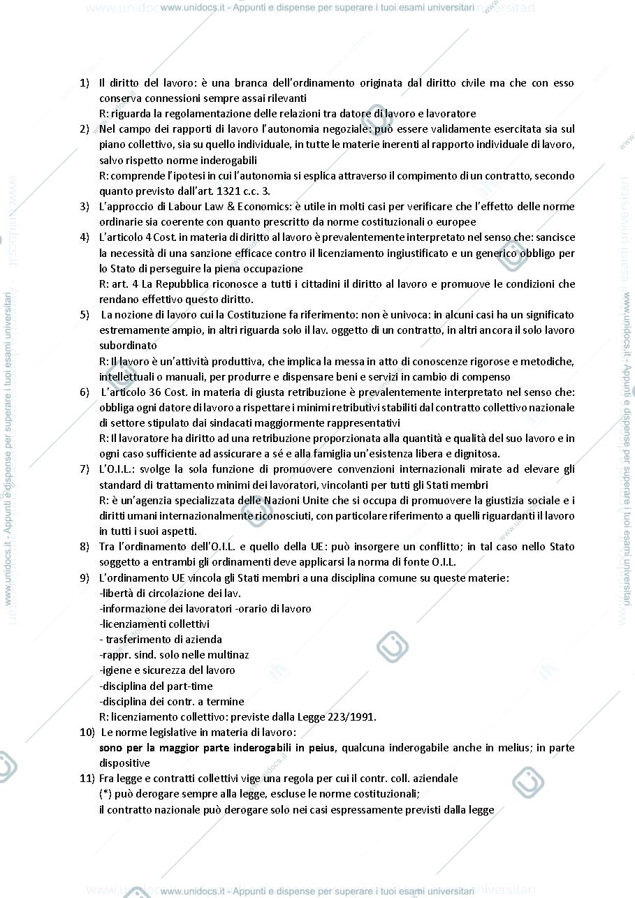 Anteprima pagina 1 — Domande per il primo esame parziale di diritto del lavoro 