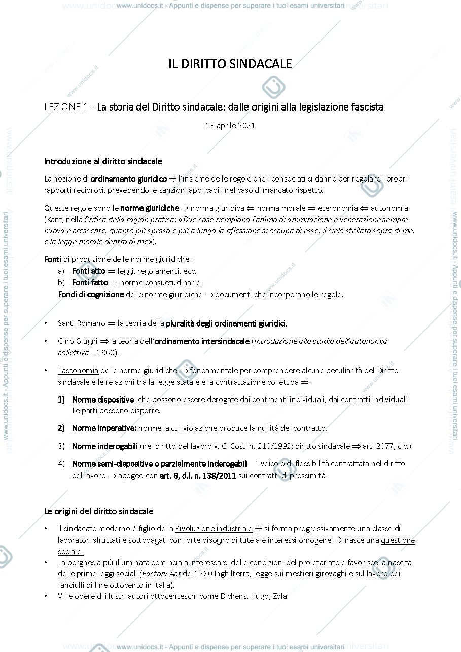 Anteprima pagina 1 — Diritto del lavoro appunti di lezione 