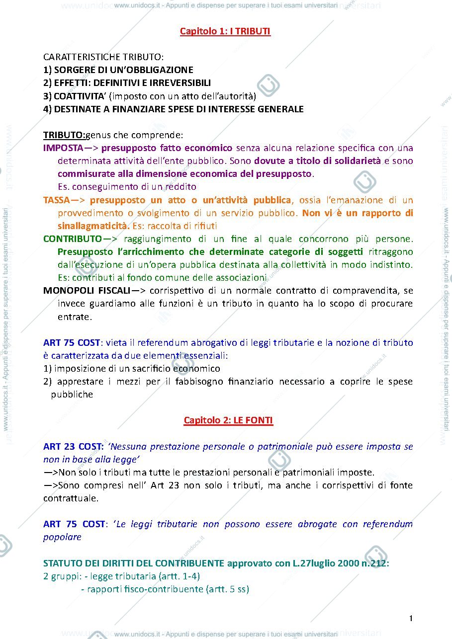 Anteprima pagina 1 — Riassunto Compendio di diritto tributario  Tesauro 