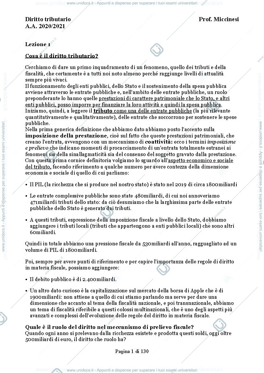 Anteprima pagina 1 — Appunti diritto tributario
