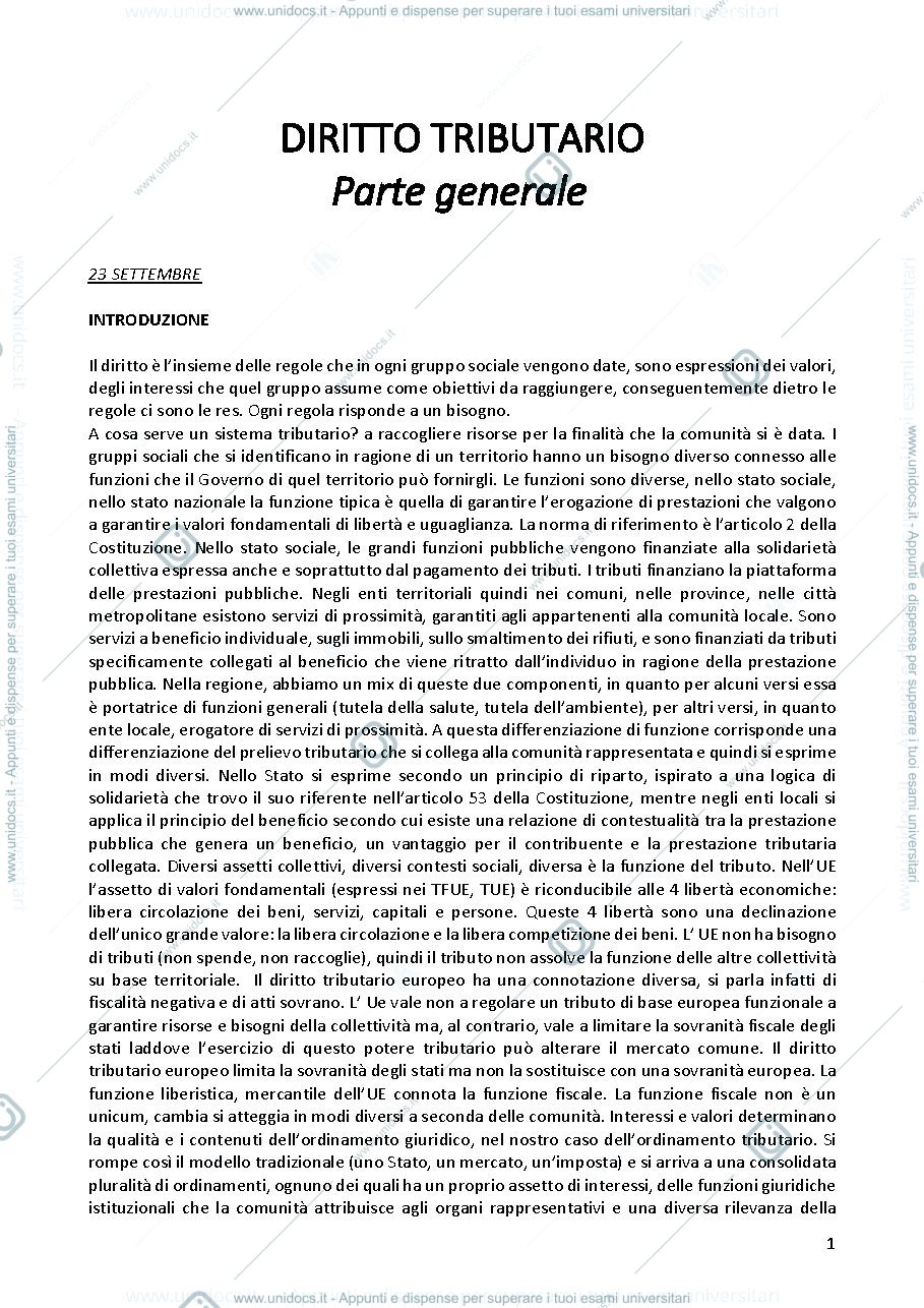 Anteprima pagina 1 — Appunti delle lezioni Diritto tributario parte generale 