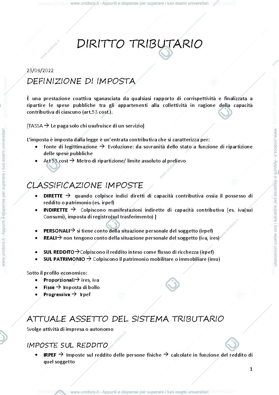 Anteprima pagina 1 — Appunti diritto tributario