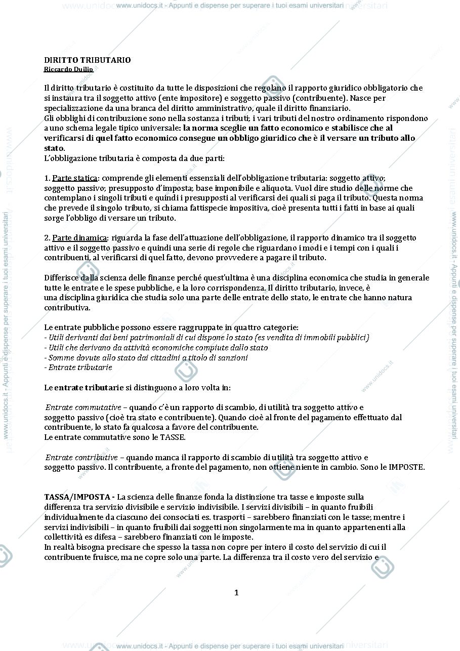 Anteprima pagina 1 — Riassunto di diritto tributario